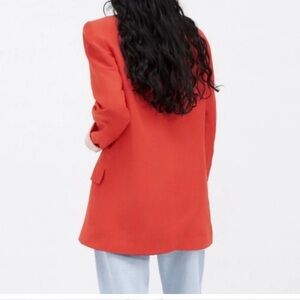 ZARA New Cherry Red Linen Blend Cuffed Open Front Boyfriend Blazer Size Large